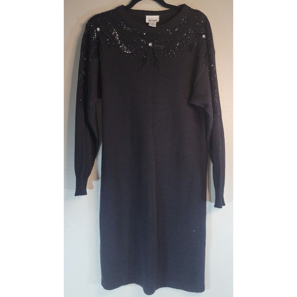 Vintage Mister Noah Black Sequin Beaded Bow Sweater Dress L Ramie Cotton 80s 90s